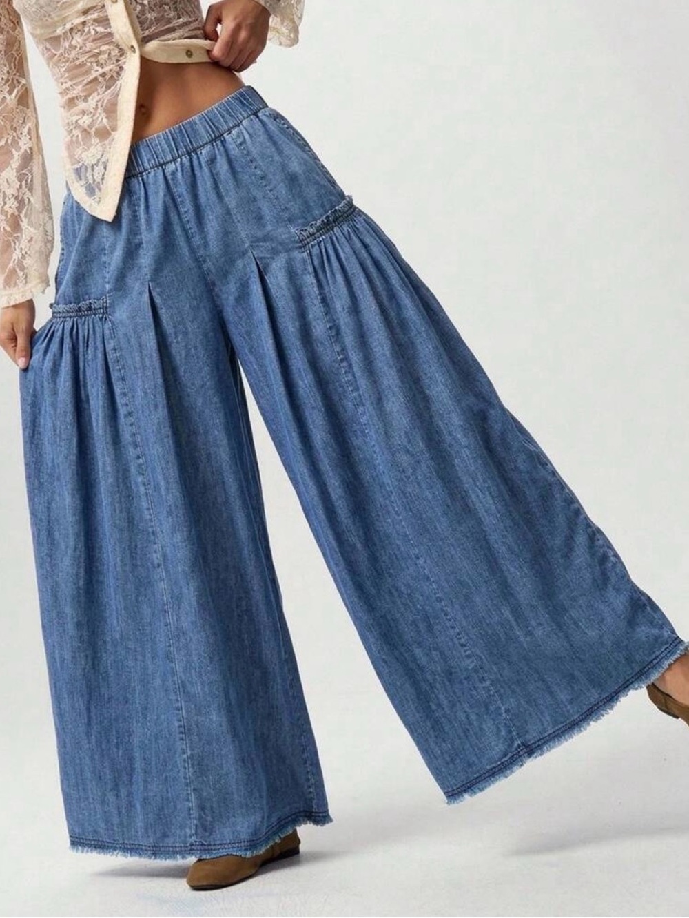 Wide Leg Denim Palazzo Jeans - Blue